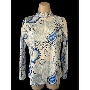 Gottex Sz XS Blue Paisley Rash Guard Sun Shirt Long Sleeve Zip Top Mesh Vent